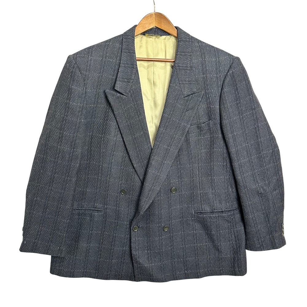 Nino Cerruti Blazer 48 Navy Blue Wool Double Breasted Vintage Textured Designer